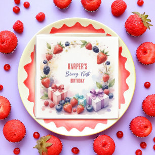 Guardanapo De Papel Watercolor Berry First Birthday Strawberry Party -