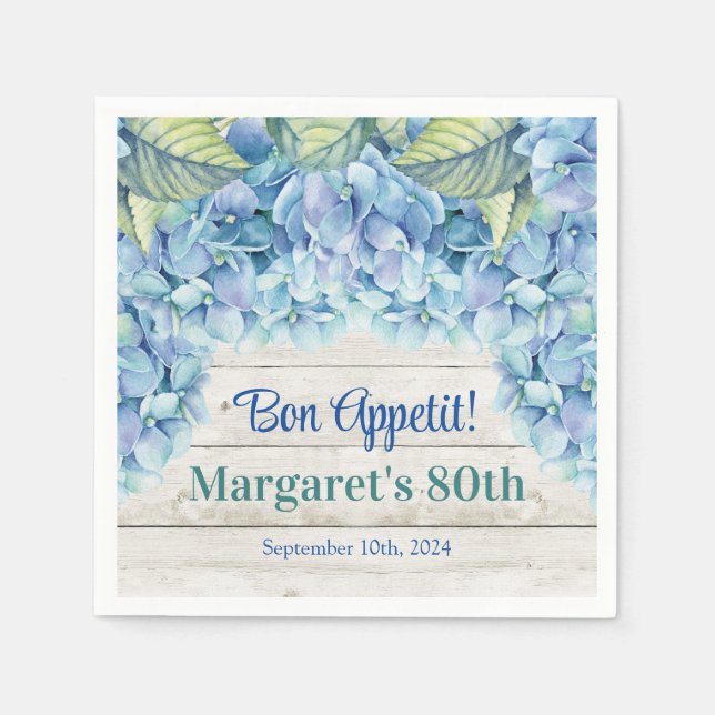 Guardanapo De Papel Watercolor Blue Hydrangea 80 Birthday (Frente)