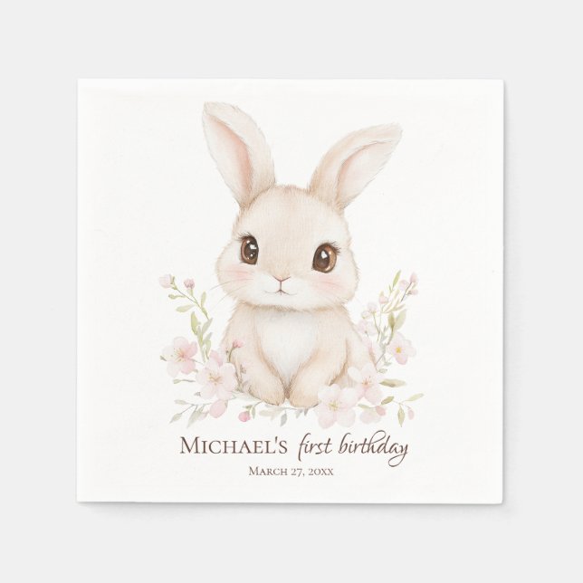 Guardanapo De Papel Watercolor Bunny First Birthday Party Tableware (Frente)