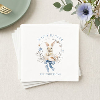 Guardanapo De Papel Watercolor Bunny Flowers Blue Bow Spring Easter