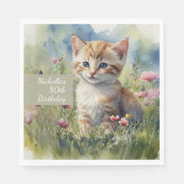 Guardanapo De Papel Watercolor Cat Meadow Flowers 80th Birthday