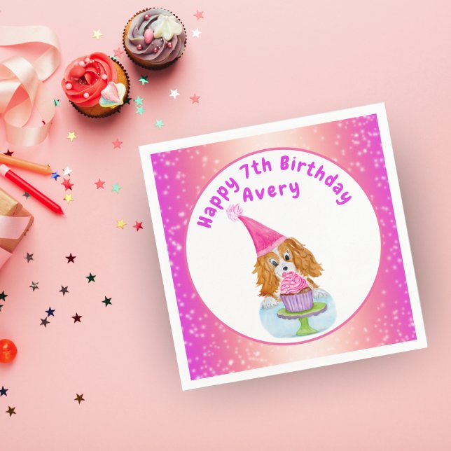 Guardanapo De Papel Watercolor Cavalier King Charles Cupcake Birthday (Criador carregado)