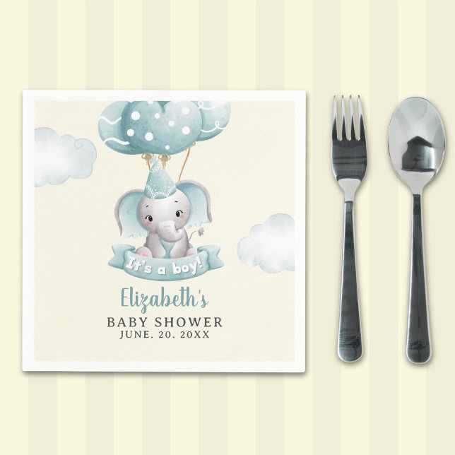 Guardanapo De Papel Watercolor Gray Elephant Baby shower Boy (Criador carregado)