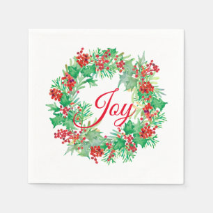 Guardanapo De Papel Watercolor Holly Berry Wreath Red Joy Holiday
