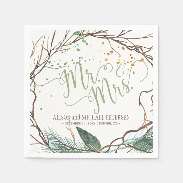 Guardanapo De Papel Watercolor inverno wath mr e mrs script casamento (Frente)