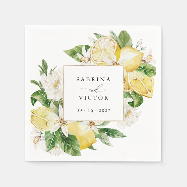 Guardanapo De Papel Watercolor Lemons Citrus Greenery Blossom Casament (Frente)