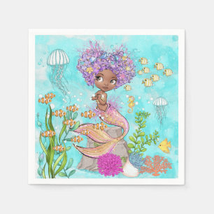 Guardanapo De Papel Watercolor Linda Castanha Pequena Sereia Aniversár