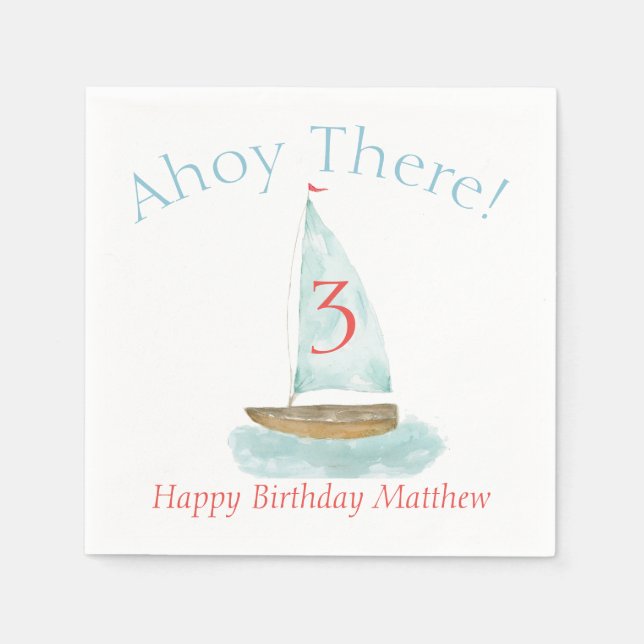 Guardanapo De Papel Watercolor Nautical Sailboat Birthday  (Frente)