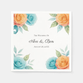 Guardanapo De Papel Watercolor Orange and Teal Roses Wedding