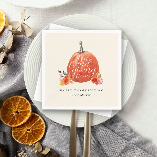 Guardanapo De Papel Watercolor Orange Pumpkin Friendsgiving Dinner (Criador carregado)