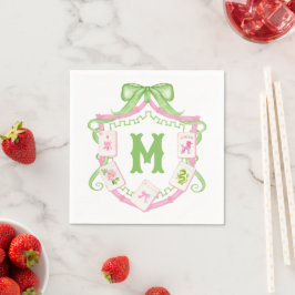 Guardanapo De Papel Watercolor Pink & Green Bow Mahjong Monogram Crest