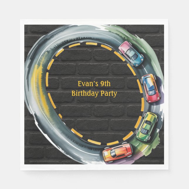 Guardanapo De Papel Watercolor Race Track Boys Birthday Party (Frente)