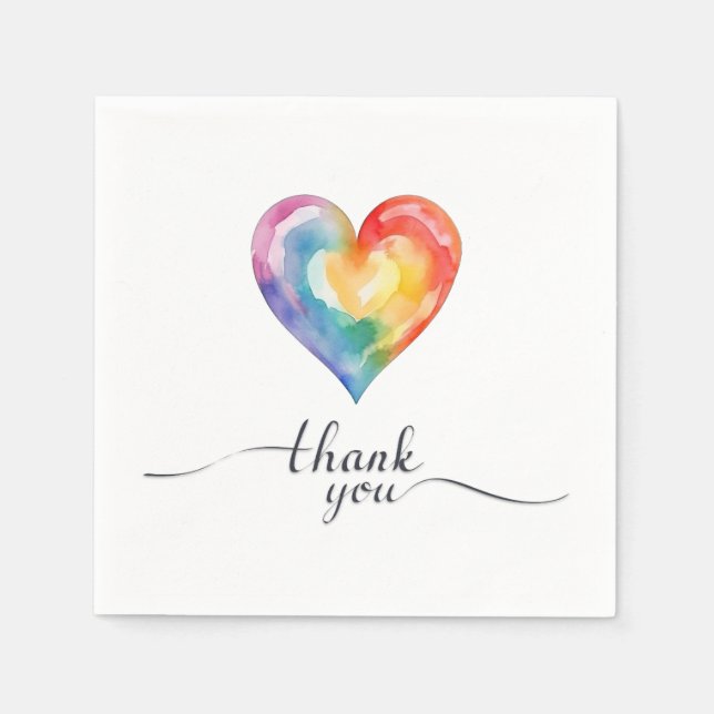 Guardanapo De Papel Watercolor Rainbow Heart Obrigado Napkins (Frente)