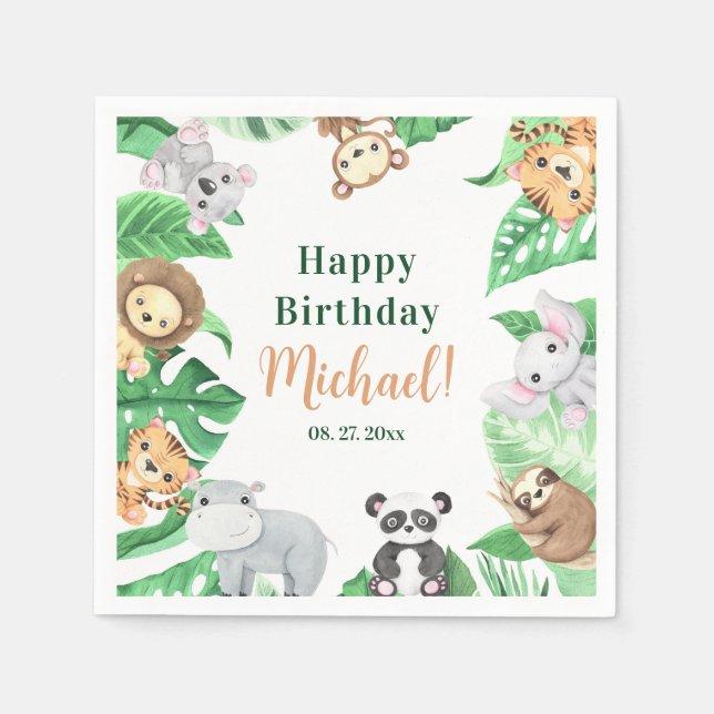 Guardanapo De Papel Watercolor Safari Jungle Animals Happy Birthday (Frente)