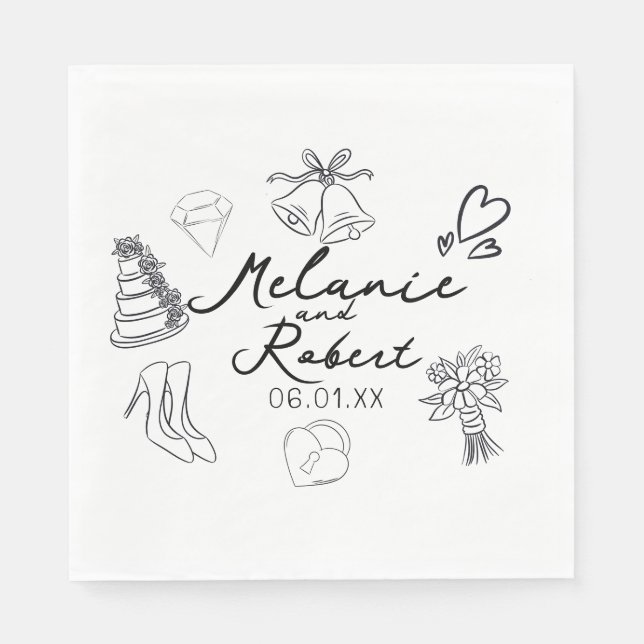 Guardanapo De Papel Wedding Doodle Save the Dates Wedding Anniversary  (Frente)