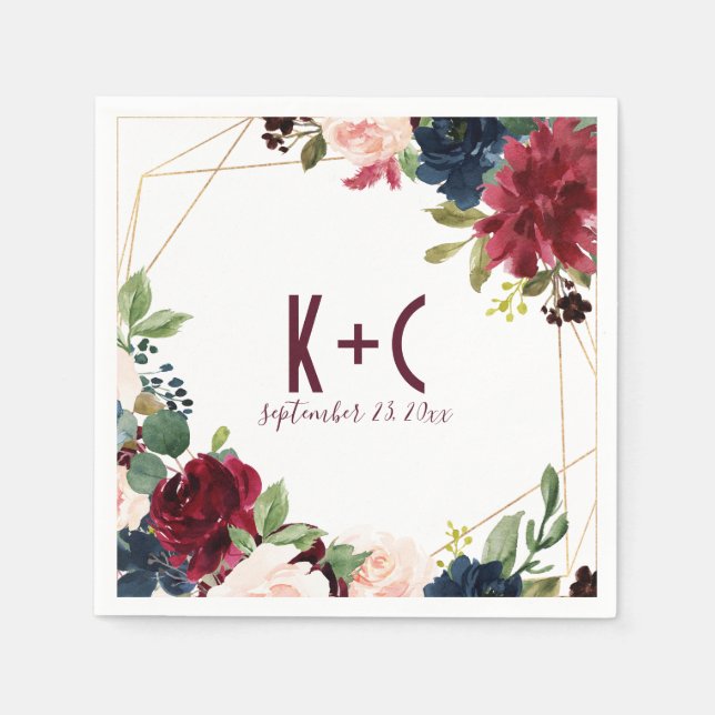 Guardanapo De Papel Wedding Napkins | Borgonha e Marinho Geométrico (Frente)