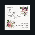 Guardanapo De Papel Welcome to The Night Before Realistic Pink Flowers<br><div class="desc">In this pretty design, I've used a contemporary handwritten font to create a graphic typography overlay reading "the night before". Corners have been embellished with lush pink floral sprays. Fill in the template blanks with your own details to personalize the design. All layers were added separately and left unlocked so...</div>