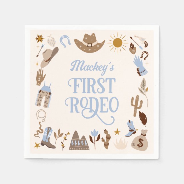 Guardanapo De Papel Western First Rodeo Wild West Cowboy Blue Birthday (Frente)