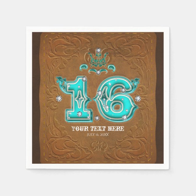 Guardanapo De Papel Western Rustic Brown Leather Look & Diamantes 16 (Frente)