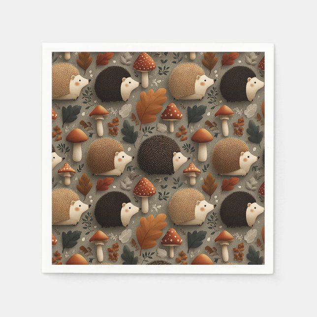 Guardanapo De Papel Whimsical Autumn Hedgehog & Mushroom Pattern (Frente)