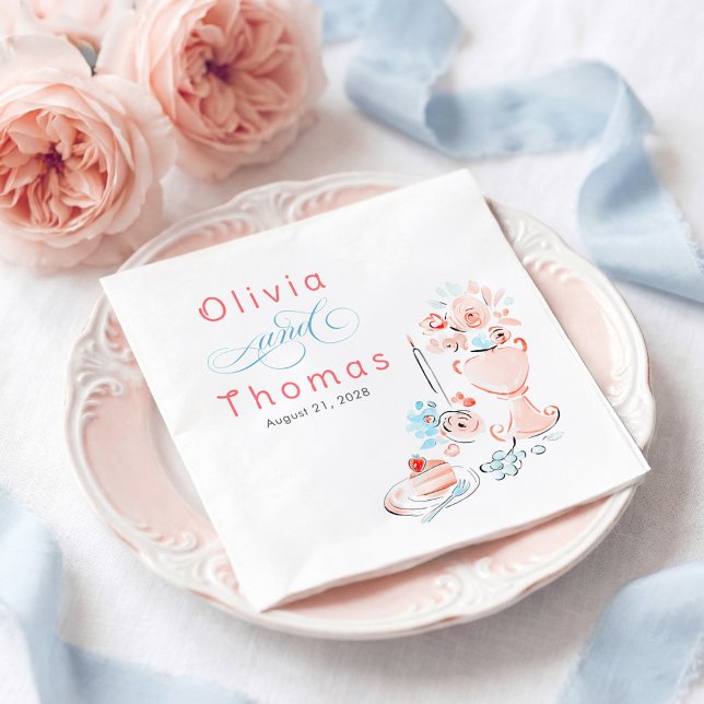 Guardanapo De Papel Whimsical Chic Elegant Hand Drawn Wedding (Dusty Blue and Pink Whimsical Hand-illustrated Doodles Napkins for Wedding Reception)