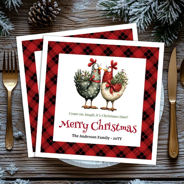 Guardanapo De Papel Whimsical chickens Christmas napkins editable name (Whimsical chickens Christmas napkins editable name)