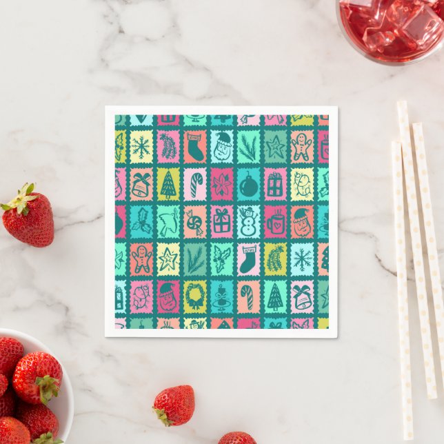 Guardanapo De Papel Whimsical Christmas Grid Cute Bright Holiday Paper (Insitu)