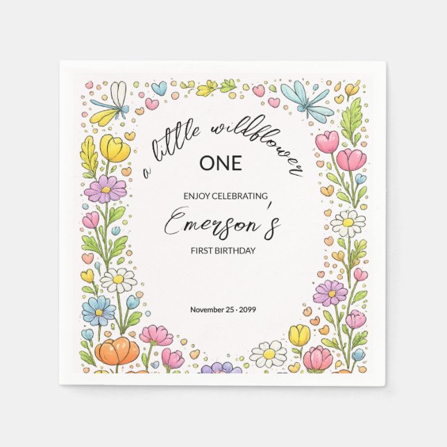 Guardanapo De Papel Whimsical Colorful Little Wildflower 1st Birthday  (Frente)