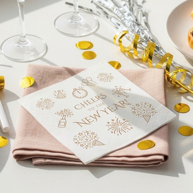 Guardanapo De Papel Whimsical Doodles Gold Cheers to New Year Party (Criador carregado)