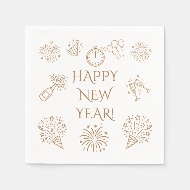Guardanapo De Papel Whimsical Doodles Gold Happy New Year (Frente)
