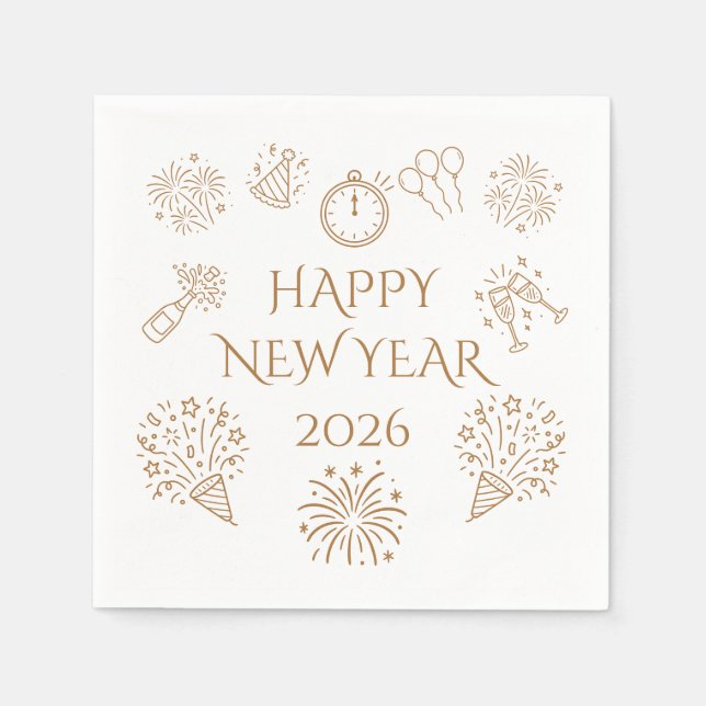 Guardanapo De Papel Whimsical Doodles Gold Happy New Year 2026 (Frente)