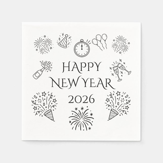 Guardanapo De Papel Whimsical Doodles Happy New Year 2026 (Frente)