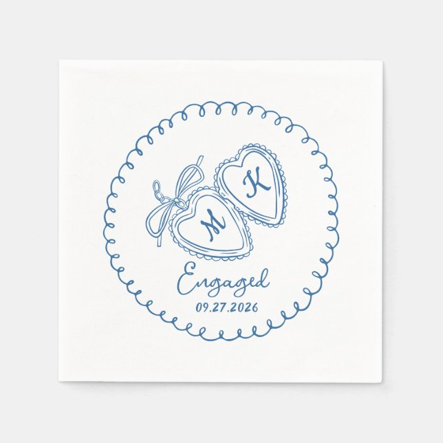 Guardanapo De Papel Whimsical Engaged Couple Blue Hearts Trendy Doodle (Frente)