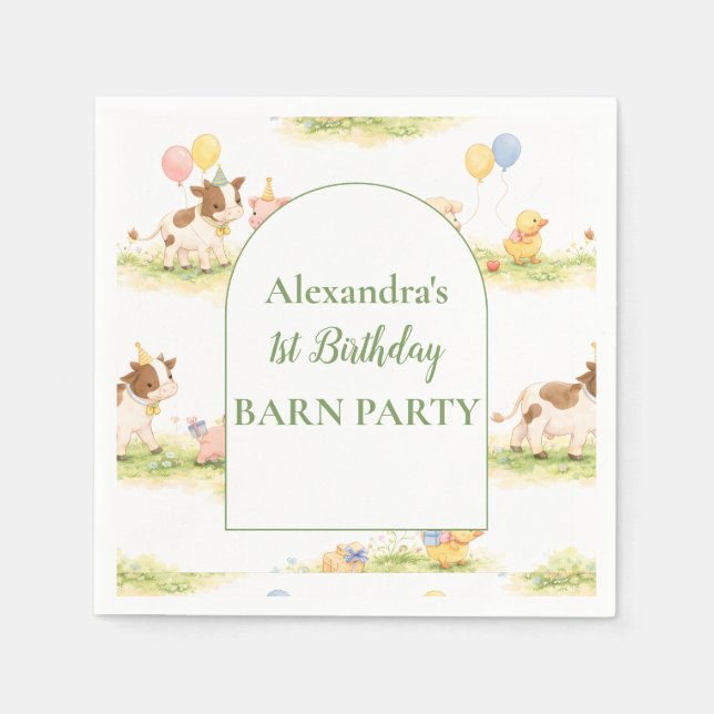 Guardanapo De Papel Whimsical Farm Animals Pastel 1st Birthday (Frente)
