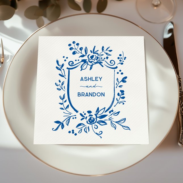 Guardanapo De Papel Whimsical French Blue Botanical Crest Wedding (Criador carregado)