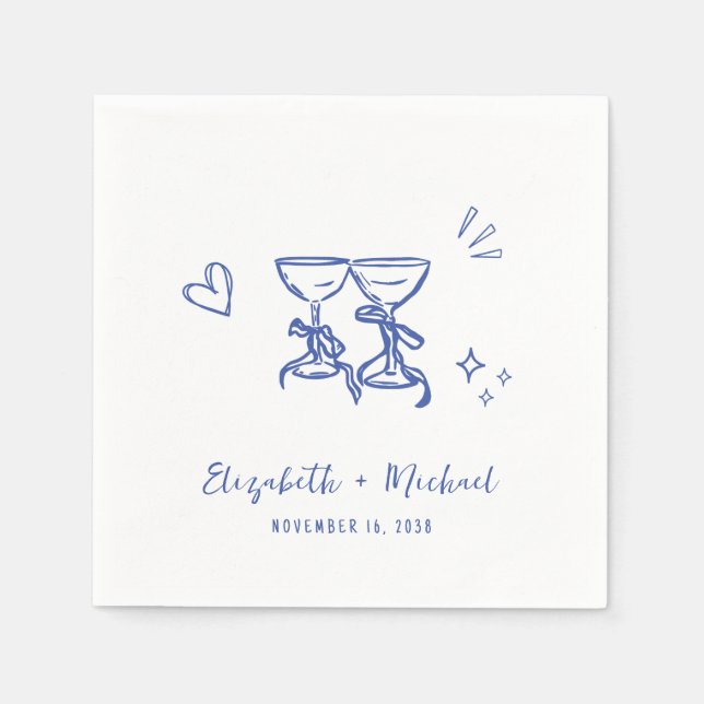 Guardanapo De Papel Whimsical Hand Drawn Blue Wine Glasses Wedding (Frente)