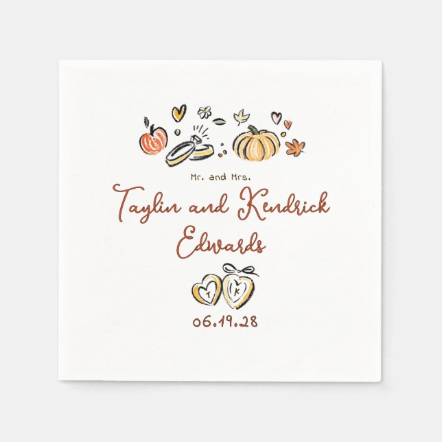 Guardanapo De Papel Whimsical Hand Drawn Fall Love Wedding Napkins (Frente)