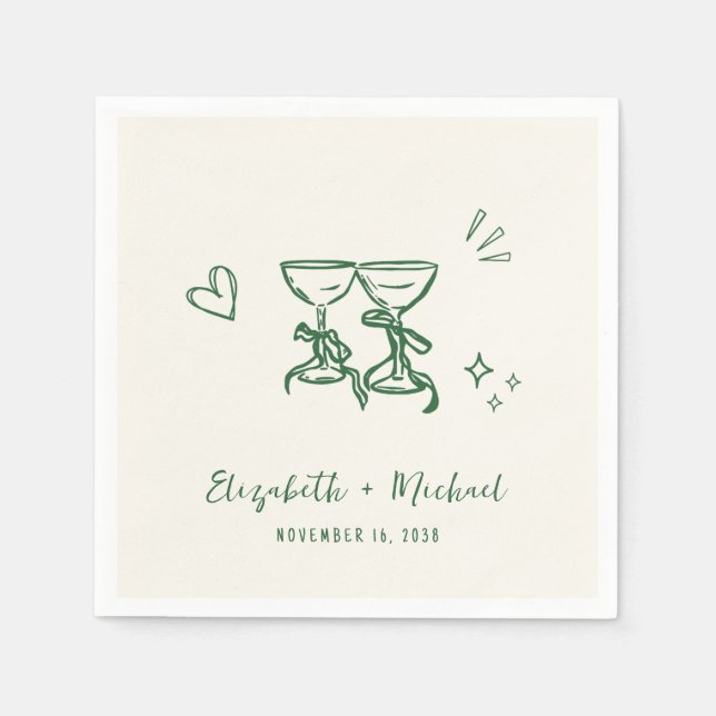 Guardanapo De Papel Whimsical Hand Drawn Green Cream Wedding (Frente)