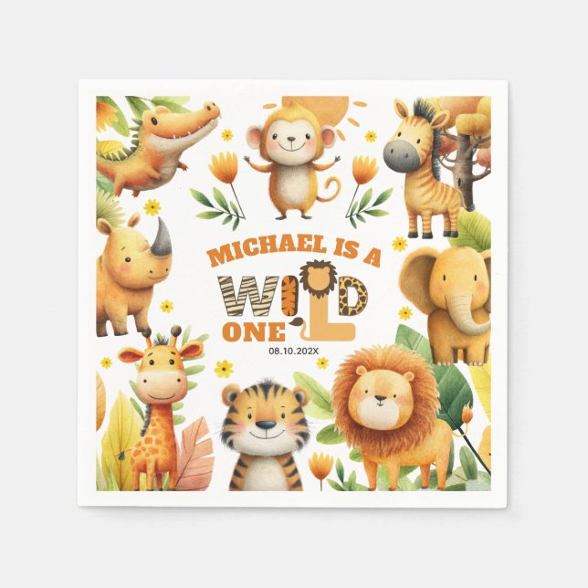 Guardanapo De Papel Whimsical Safari Animals WILD ONE 1st Birthday  (Frente)