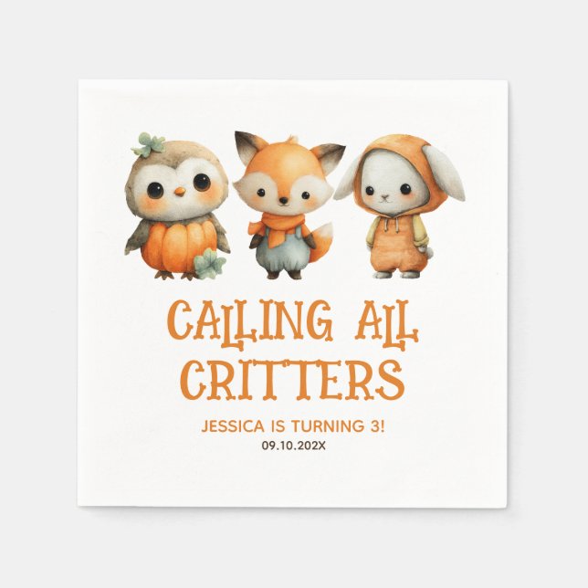 Guardanapo De Papel Whimsical Woodland Animals Fall Kids' Birthday (Frente)