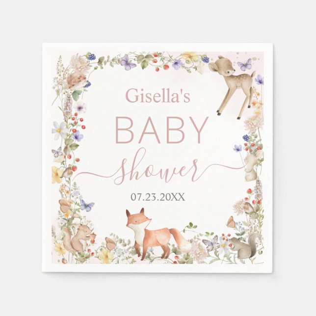 Guardanapo De Papel Whimsical Woodland Animals Wildflower Baby Shower  (Frente)