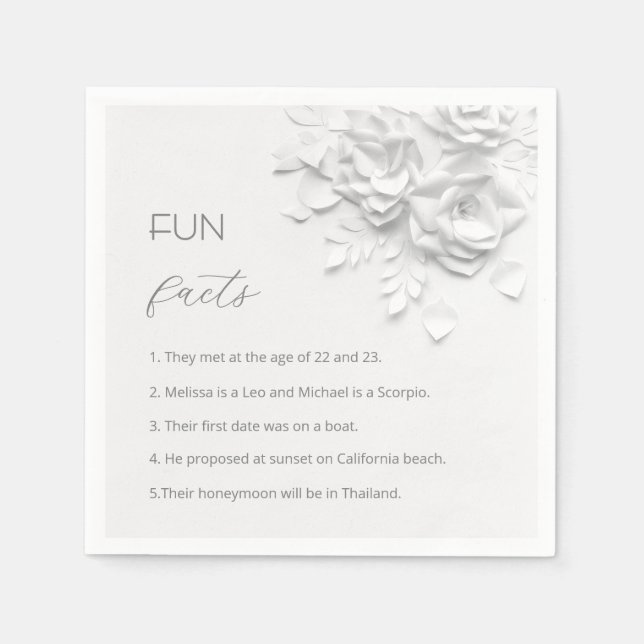 Guardanapo De Papel White 3D Flowers Roses Fun Facts Wedding  (Frente)