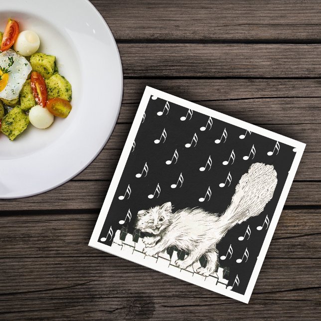 Guardanapo De Papel White Cat on Piano Keys Music Notes (White winking cat walking on piano keys music notes on black and white paper party napkins.)