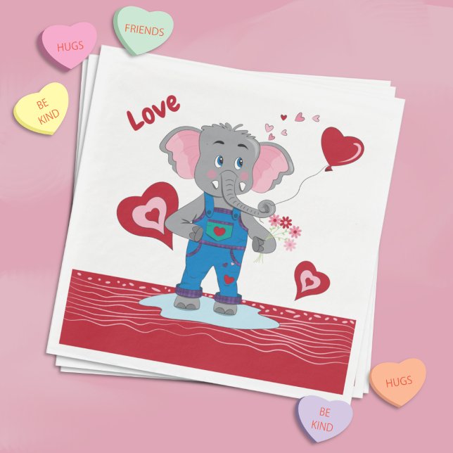 Guardanapo De Papel White e White Paper de Elefantes de Cartoons Bonit (Cute red and white Paper napkins with a cartoon elephant and some hearts . )