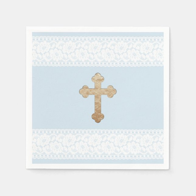 Guardanapo De Papel White Lace Dourado Cross Baby Blue Livro Religioso (Frente)