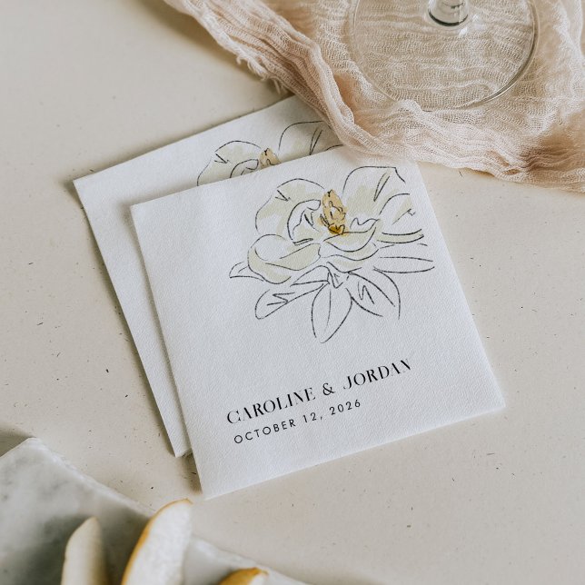 Guardanapo De Papel White Magnolia Ilustração Moderna Casamento Mínimo (Elegant Southern-inspired white magnolia illustration wedding paper napkins.)