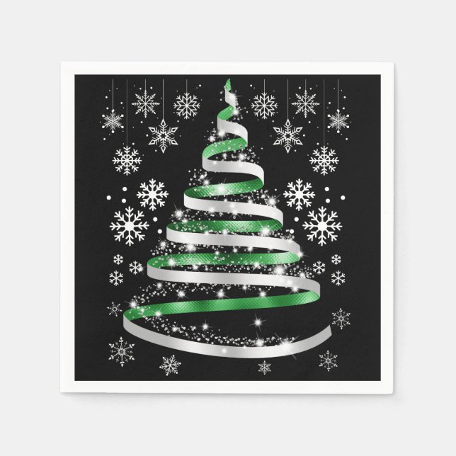 Guardanapo De Papel White Snowflake Silver Green Ribbon Christmas Tree (Frente)