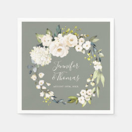 Guardanapo De Papel White Watercolor Floral Wreath on Sage Green