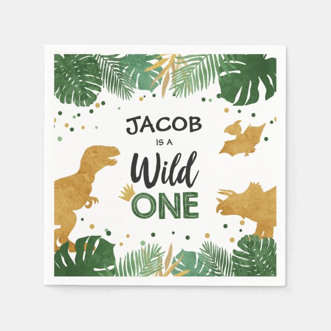 Guardanapo De Papel Wild One Dourado Dinossaur Boy Birthday Safari (Frente)
