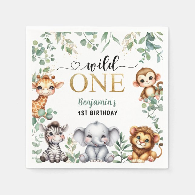 Guardanapo De Papel Wild One Gold Safari Jungle Animals 1st Birthday (Frente)
